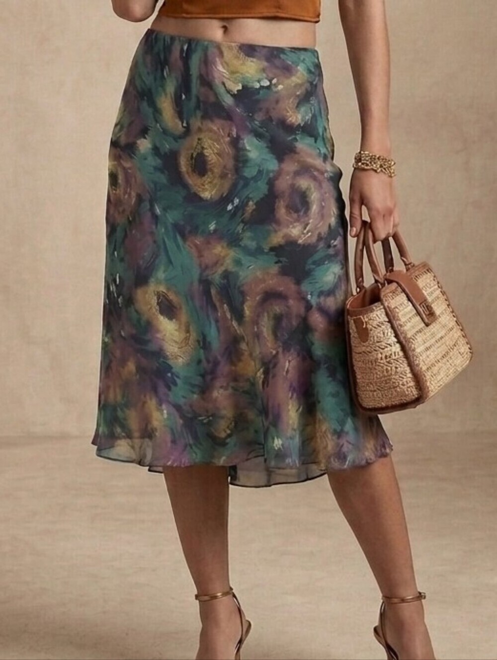 Marks & Spencer Watercolor Floral Chiffon Midi Skirt Asymmetric Ruffle Hem 8